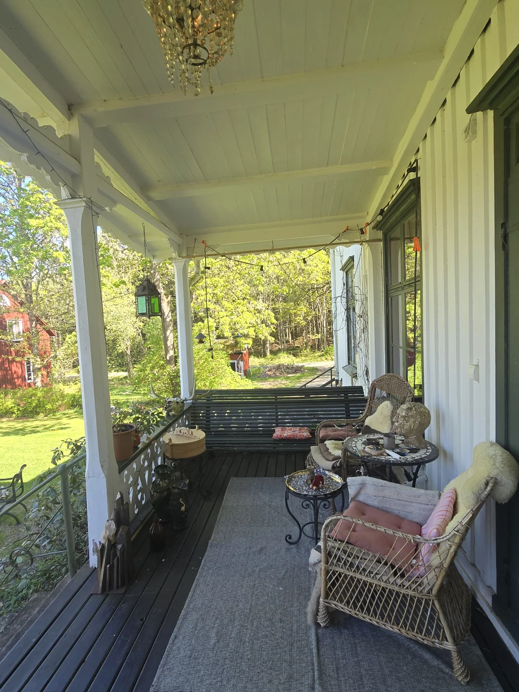 Norra Backen's sheltered verandah looking towards the garden